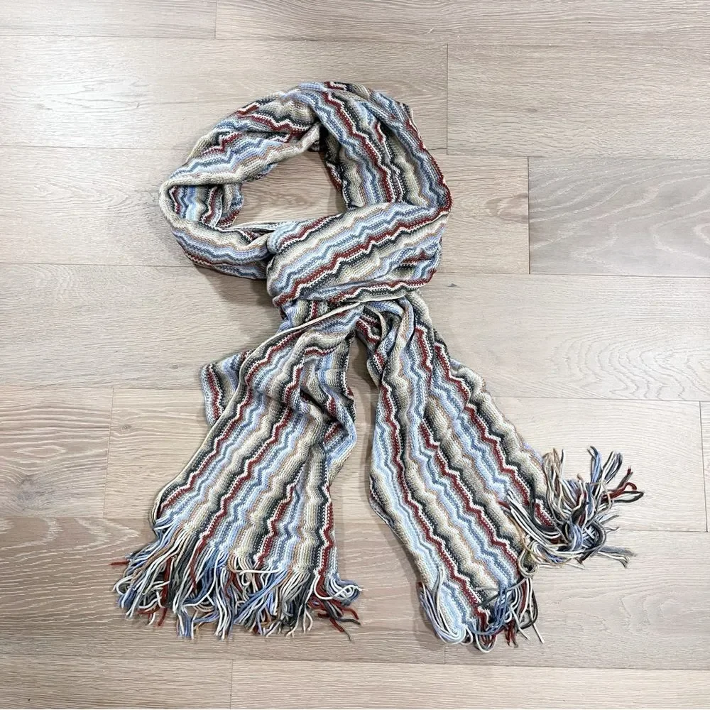 Missoni Wool Blend Zigzag Patterned Classic Scarf Blue Brown